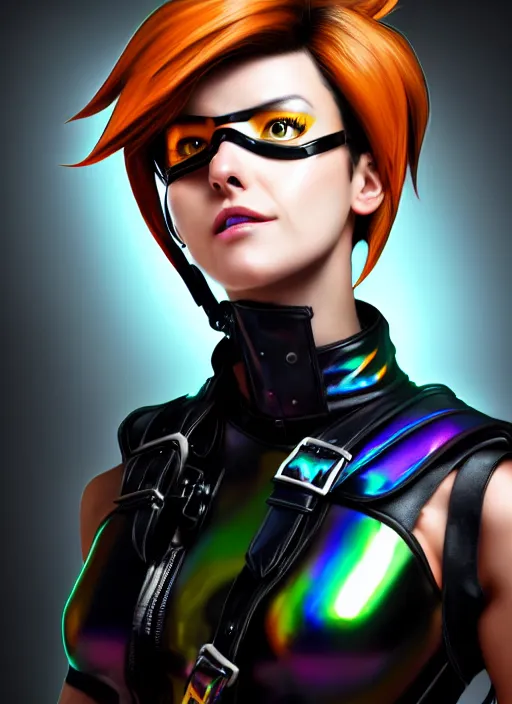 Prompt: hyperrealistic style portrait digital artwork of tracer overwatch, confident pose, wearing black iridescent rainbow latex, 4 k, expressive happy smug expression, makeup, in style of mark arian, wearing detailed black leather collar, wearing sleek armor, black leather harness, expressive detailed face and eyes,