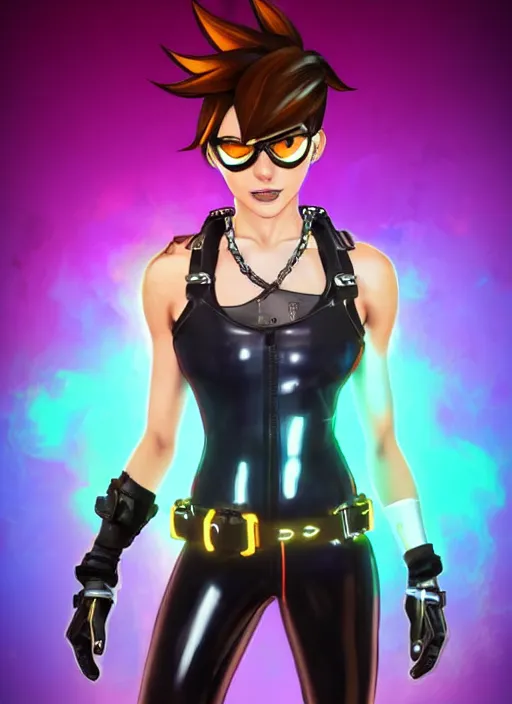 Image similar to full body digital artwork of tracer overwatch, wearing black iridescent rainbow latex tank top, 4 k, expressive happy smug expression, makeup, in style of mark arian, wearing detailed black leather collar, chains, black leather harness, leather cuffs around wrists, detailed face and eyes,