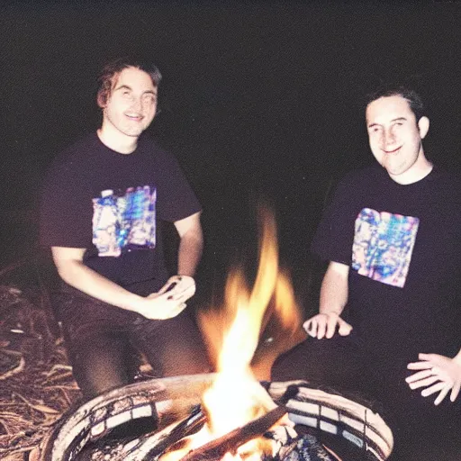 Prompt: grainy low quality 90s poloraid photo of a couple guys wearing Synthwave style shirts near a campfire, scanned photo, visual photo artifacts