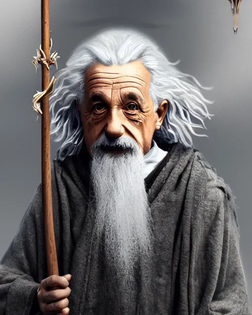 Prompt: Albert Einstein as Gandalf, Lord of the Rings, elegant robe, portrait art, wooden glowing staff, dark fantasy forest, fine details, perfect, 8k high detail, masterpiece, trending on ArtStation