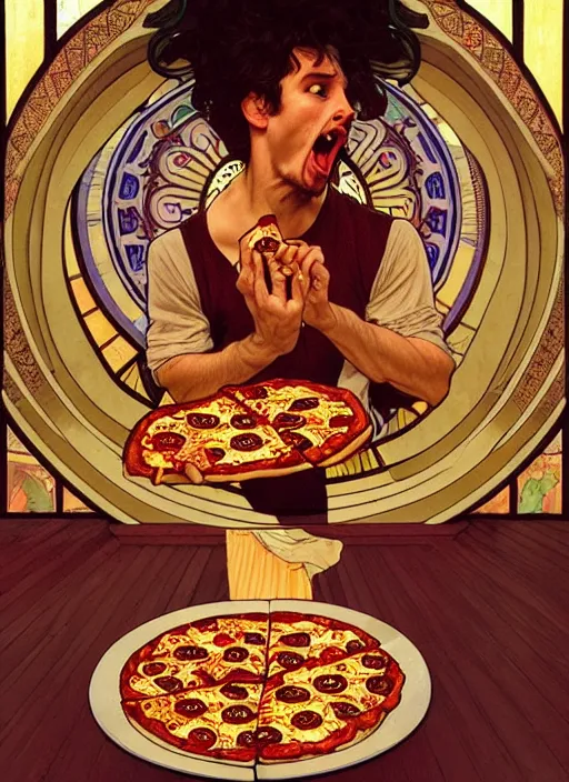 Image similar to unlucky man trips and looks in terror as he drops all the pizza on the floor, the pizza falls to the floor, tragedy, intricate, elegant, highly detailed, lighting, painting, artstation, smooth, illustration, art by greg rutowski and alphonse mucha