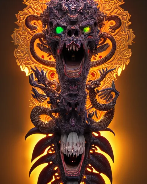 Image similar to 3 d ornate carved dracula with tattoos profile portrait, sigma 5 0 0 mm f / 5. beautiful intricate highly detailed quetzalcoatl skull. bioluminescent, plasma, lava, ice, water, wind, creature, thunderstorm! artwork by tooth wu and wlop and beeple and greg rutkowski, 8 k trending on artstation