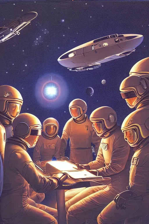 Prompt: an illustration of the crew of a spaceship are huddled over a glowing console, by barclay shaw