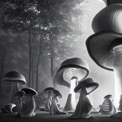 Image similar to mushroom goddess with group of elders in a ceremony for plant medicine, beautiful, hiroya oku, yoshitaka amano, chris cunningham, black and white, beautiful lighting, cinematic still, quantum gravity 3 d render, 8 k