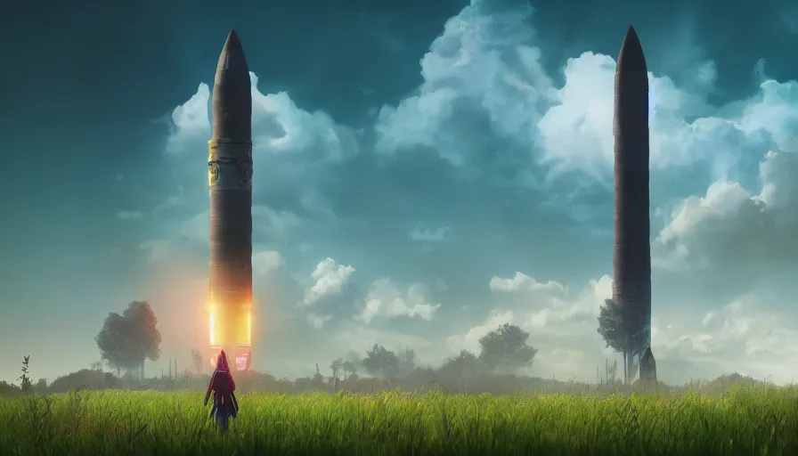 Prompt: giant rocket in grassland with trees, bright, colorful clouds, solar eclipse, matte painting, trending on artstation, realistic, octane render, cyberpunk, epic, simon stalenhag