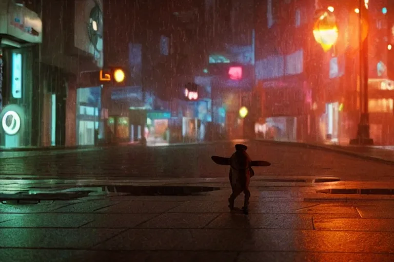 Image similar to VFX movie of a futuristic cat walking through a cyberpunk city rainy night natural lighting by Emmanuel Lubezki