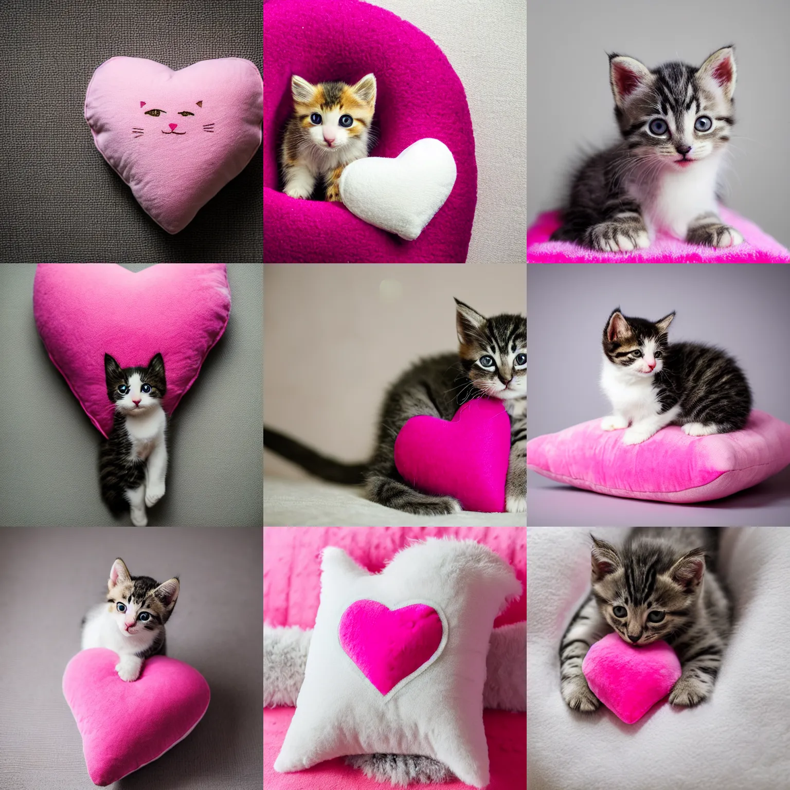 Prompt: A cute little kitten sits on a plush pink heart-shaped pillow, Canon EOS R3, f/1.4, ISO 200, 1/160s, 8K, RAW, unedited, symmetrical balance, in-frame