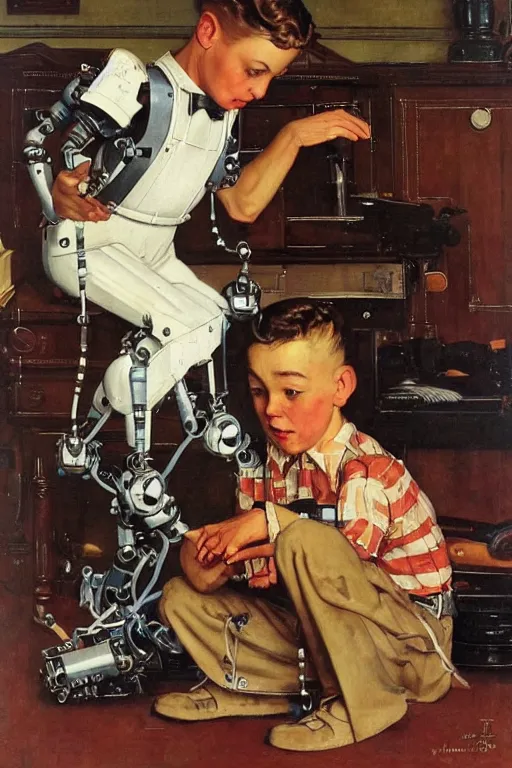 Prompt: a boy fixing his robot, part by Norman Rockwell, part by JC Leyendecker, high angle, oil on canvas