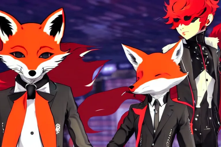 Image similar to a furry tan male fox on a persona 5 : royal ( by atlus ) video game splash screen, a furry male sandcolored tan fox fursona ( has hair ), persona 5 phantom thief style