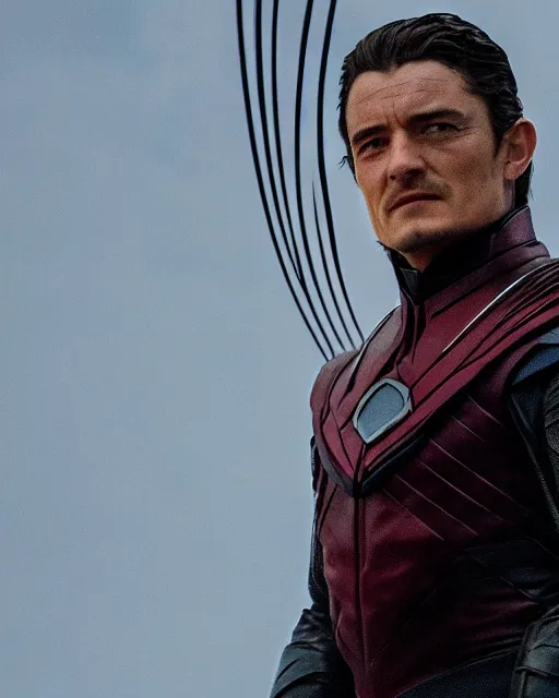 Image similar to A movie still of Orlando Bloom as Magneto in X-Men movie, dynamic lighting, villain pose, 8k, 2022 picture of the year