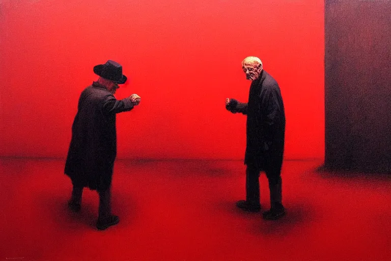 Image similar to only with red, a red old man try to sell a portrait, in a square, crowd cheering, in the style of beksinski, parts by edward hopper, parts by rodcenko, parts by yue minjun, intricate and epic composition, red by caravaggio, insanely quality, highly detailed, masterpiece, red light, artstation, 4 k