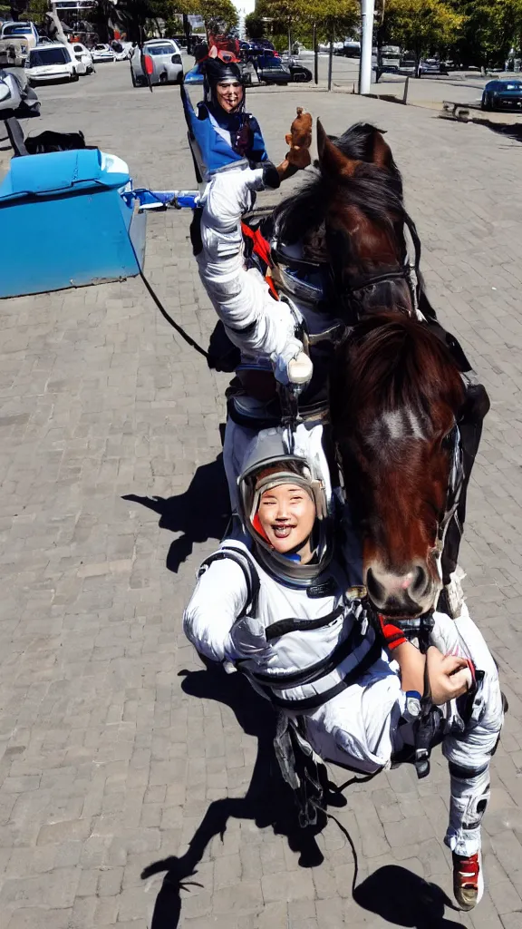 Image similar to a horse riding an astronaut, selfie, street photo