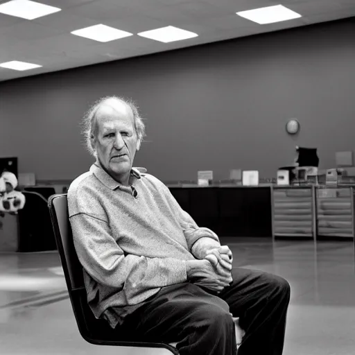 Prompt: wide angle portrait of werner herzog in a party hat, sitting alone in the waiting area of the dmv. wide shot, ansel adams, award winning documentary, cyberpunk dark fantasy art, gta 5 cover, studio lighting, very detailed face, chiaroscuro, film noir