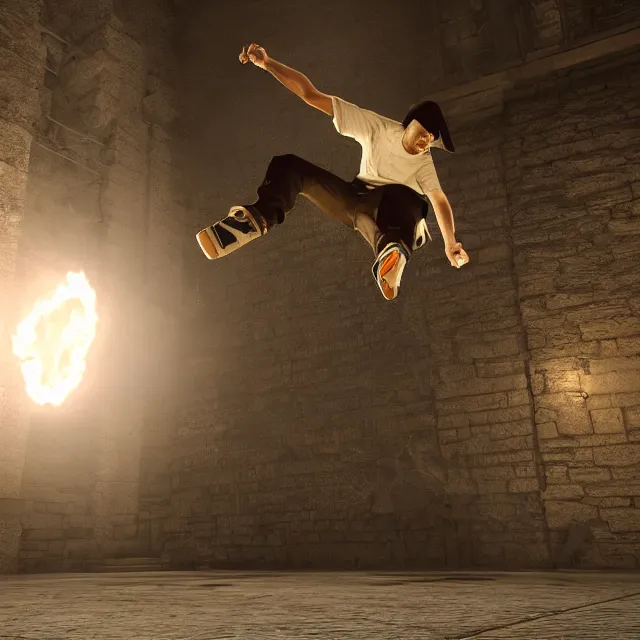 Image similar to tony hawk kick flipping over a boss in dark souls, dark cinematic, volumetric, realistic, cinematic lighting, ray tracing, unreal engine 5, unreal engine render, octane render, hyper realistic, photo, 8 k