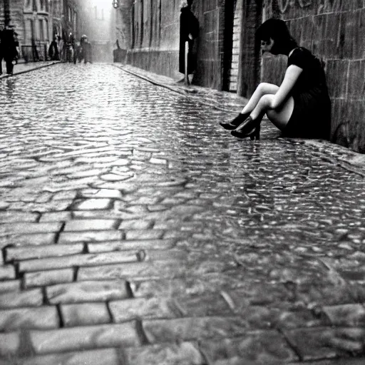 Image similar to fine art photograph of a woman waiting for the rain to stop, rainy flagstone cobblestone street, by henri cartier - bresson