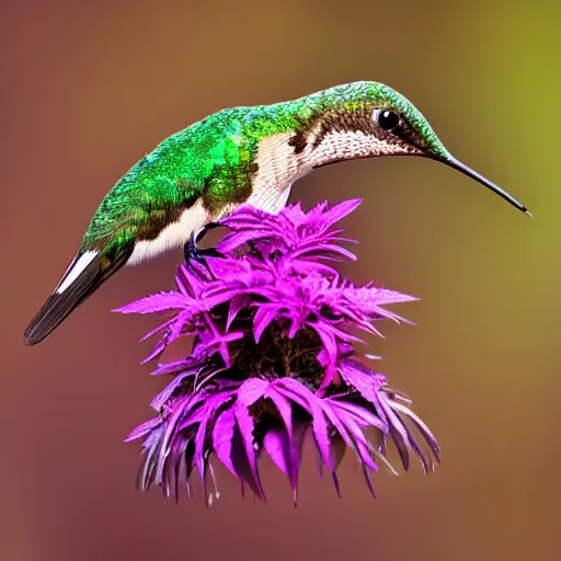 Image similar to beautiful hummingbird drinking from a marijuana plant, wildlife photography, highly detailed, high quality, 8 k, soft lighting,