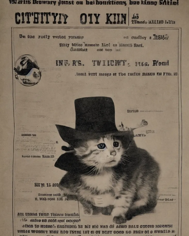 Image similar to 1865 wanted poster Wanted $1000 Reward kitten in cowboy hat Billy the Kit