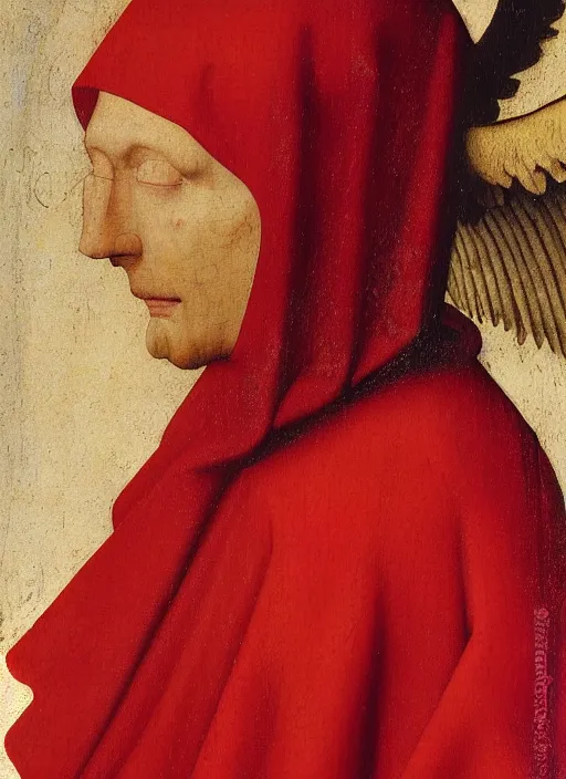 Image similar to profile of a fallen angel dressed in red with wings by Jan van Eyck, Hieronymus Bosch, Johannes Vermeer 4k post-processing, highly detailed medieval painting