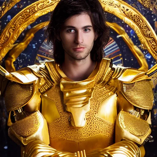 Prompt: A Live Action, radiant, vibrant, extreme long shot, profesional studio photo of a 27-year-old Caucasian attractive male wearing the Gemini Gold Armor, Beautiful gold Saint, Jaw-Dropping Beauty, gracious, aesthetically pleasing, dramatic eyes, intense stare, immense cosmic aura, from Knights of the Zodiac, Saint Seiya, inside the Old Temple of Athena Greece, exquisite, art-gem, dramatic representation, hyper-realistic, life size, atmospheric scene, cinematic, trending on ArtStation, Pinterest and Shutterstock, photoshopped, deep depth of field, intricate detail, finely detailed, small details, extra detail, ultra detailed, attention to detail, detailed picture, symmetrical, octane render, arnold render, unreal engine 5, high resolution, 3D model, CGI, PBR, DAZ, path tracing, volumetric lighting, , 8k, Photoshopped, Award Winning Photo, groundbreaking, Deep depth of field, f/22, 35mm, make all elements sharp, at golden hour, Light Academia aesthetic and Socialist realism, by Annie Leibovitz