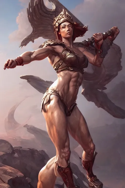 Image similar to goddess of war, accurate anatomy, muscular body, only two hands, highly detailed, digital painting, artstation, concept art, smooth, sharp focus, illustration, Unreal Engine 5, 8K, art by artgerm and greg rutkowski and edgar maxence