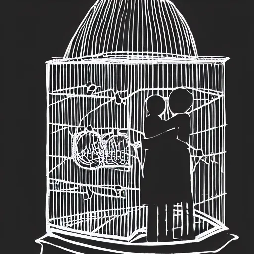 Prompt: two shadowy figures hugging each other in a birdcage, black and white