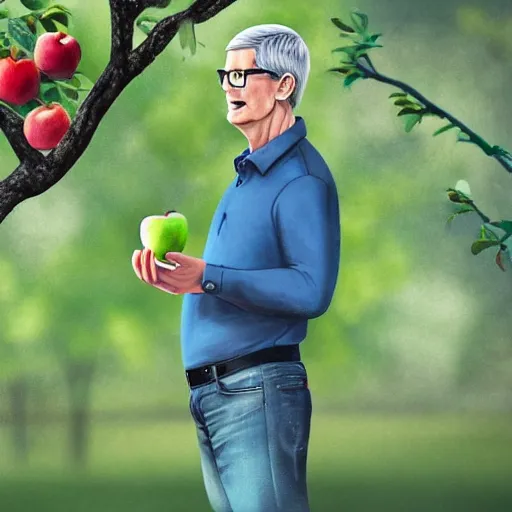 Prompt: tim cook eating an apple below an apple tree, cinematic digital art