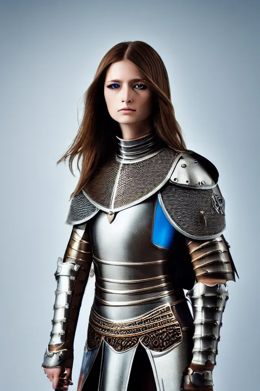 Prompt: female knight, brown hair, blue eyes, by roberto cavalli, luxury materials, symmetrical, cinematic, elegant, professional studio light, real dlsr photography, sharp focus, 4 k, ultra hd, sense of awe