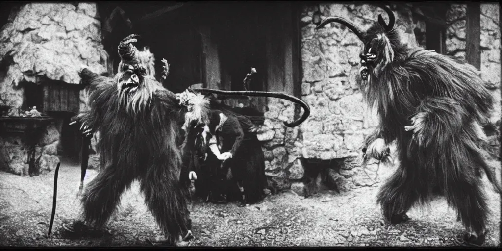 Image similar to krampus with big beak dancing in dolomites, hay fur, austrian folklore, 1920s photography, grainy, eerie, dark