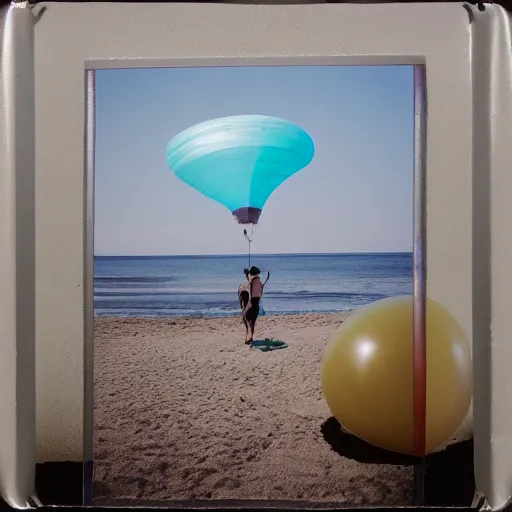 Prompt: a pastel colour high fidelity wide angle Polaroid art photo from a holiday album at a seaside dune with abstract inflatable parachute furniture, all objects made of transparent iridescent Perspex and metallic silver, no people, iridescence, nostalgic