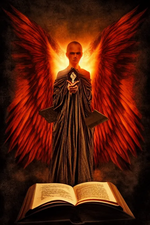 Image similar to dlsr photo illustration of summoned dark angel holding a book of necronomicon, symmetrical, cinematic, sharp focus, 4 k, ultra hd, sense of awe, sinister demonic atmosphere, dreadful, forbidden knowledge, old gods. demonology journal cover