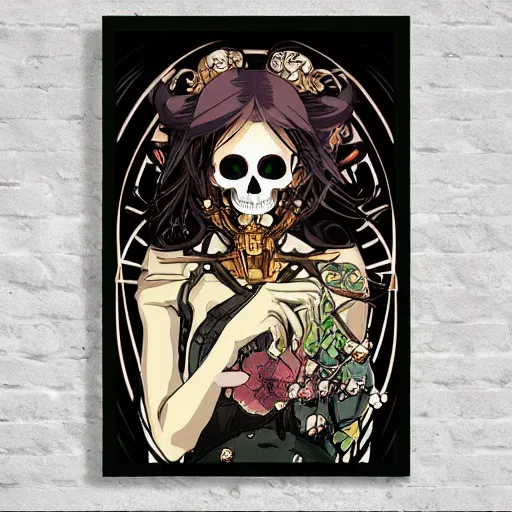 Image similar to anime manga skull portrait girl female robot cyborg mecha skeleton illustration detailed style by Alphonse Mucha pop art nouveau