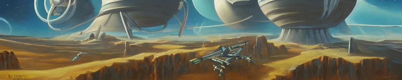 Prompt: retro sci-fi oil painting of an alien landscape with a busy spaceport