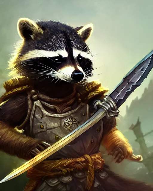 Prompt: closeup 2 8 mm anthropomorphic barbarian raccoon with a sword in a castle, d & d, fantasy, intricate, action pose, particle effects, highly detailed, digital painting, artstation, concept art, matte, sharp focus, volumetric lighting, illustration, hearthstone, art by artgerm, wlop, greg rutkowski and alphonse mucha