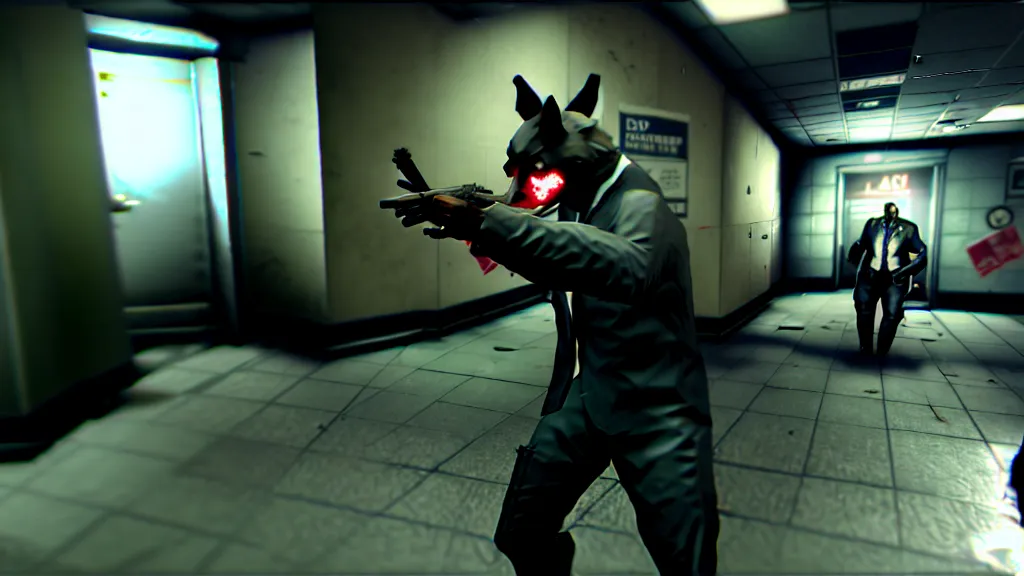 Image similar to Screenshot from the PC game Payday 2 demonstrating the fursuit unlock