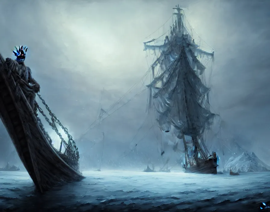 Image similar to a frozen zombie man with a crown, eyes are glowing, broken sailing ship boat in the background, is at dawn and bluish, fantasy, intricate, elegant, highly detailed, digital painting, artstation, concept art, matte, sharp focus, illustration, art by aenaluck and roberto ferri and greg rutkowski, epic fantasy, digital painting