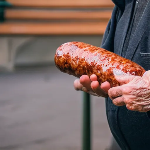 Image similar to An elderly man posting a sausage, Canon EOS R3, f/1.4, ISO 200, 1/160s, 8K, RAW, unedited, symmetrical balance, in-frame