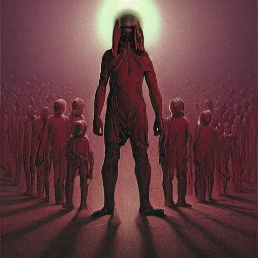 Image similar to the scene opens upon a bleeding android priest who is tending to his flock of children who are made of brilliant clear crystal, epic scope, cinematic, rule of thirds, hyperrealistic, 8 k, intricate detail, ultra detail, cyberpunk, superpop ultrabright, in the style of moebius, in the style of zdzisław beksinski.