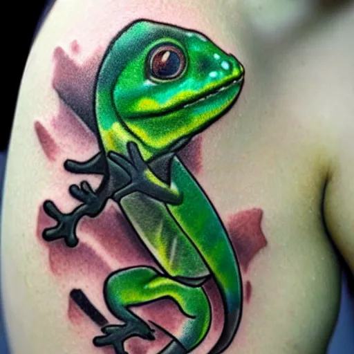 Image similar to cartoon tattoo of cute light green gecko on shoulder with light shading in the background