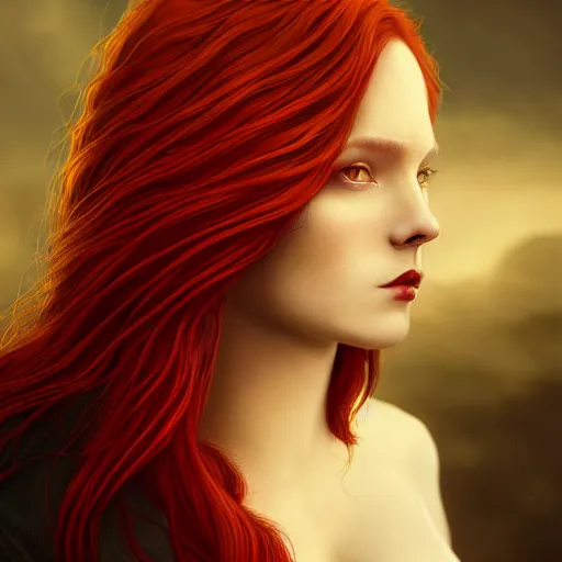 Image similar to majestic gracious regal aristocratic female red haired vampire portrait, atmospheric lighting, painted, curvy, menacing, intricate, volumetric lighting, beautiful, rich deep colours masterpiece, golden hour, sharp focus, ultra detailed, by leesha hannigan, ross tran, thierry doizon, kai carpenter, ignacio fernandez rios