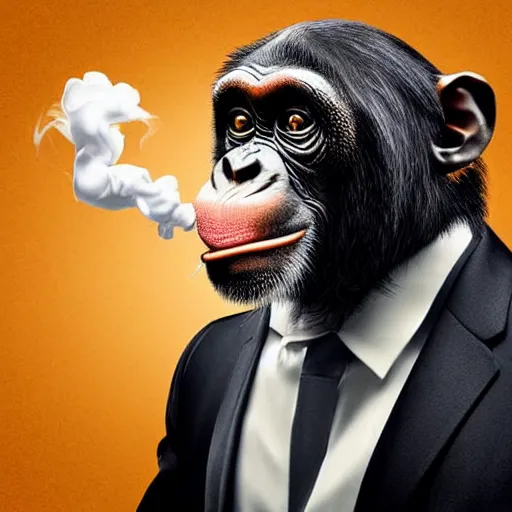 Image similar to a high detail shot of a chimp wearing a suit and smoking