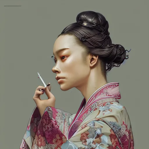 Image similar to lightskin woman in a kimono, lower back, ultra realistic, concept art, intricate details, eerie, horror, highly detailed, photorealistic, octane render, 8 k, unreal engine. art by artgerm and greg rutkowski and alphonse mucha