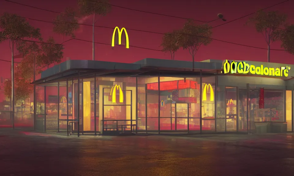 Image similar to exterior shot of a mcdonalds in a cyberpunk city, at night, neon lights, light bloom, octane render, rainy, reflections