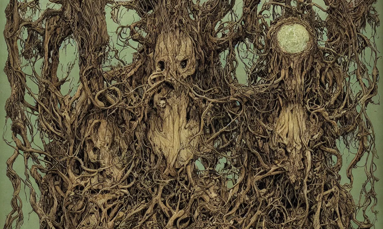 Image similar to hyperdetailed art nouveau portrait of treebeard and old groot as a cthulhu eyeball moose skull wendigo swamp thing cryptids, by michael kaluta, simon bisley and bill sienkiewicz, photorealism, claws, skeleton, antlers, fangs, forest, wild, bizarre, scary, lynn varley, lovern kindzierski, steve oliff