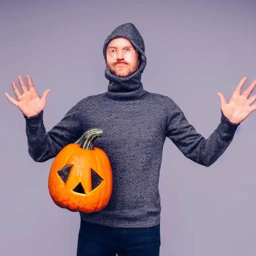 Image similar to man with pumpkin head, in black turtleneck, waving hands, at grey backgroud, studio light, 4 k