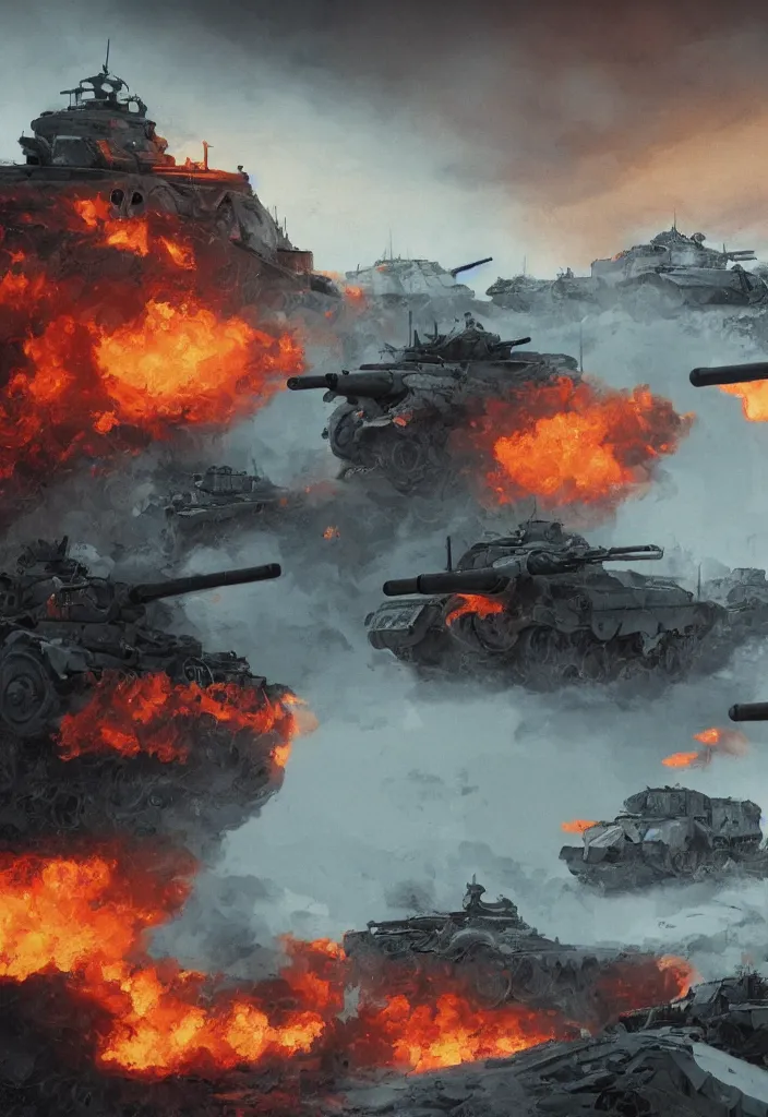 Image similar to handmade illustration of an epic World War II war scene in the winter with nazi and soviet tanks, some smoke and fire, blue sky with dramatic clouds, line art, ballpoint, oil on canvas by Kilian Eng and by Jake Parker, heavy brushstrokes, winning-award masterpiece, fantastic, octane render, 8K HD Resolution, High quality image