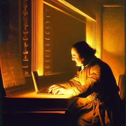 Prompt: time travelling wizard experimenting with new arcane programming language on a glowing computer, intricate oil painting, joseph wright of derby