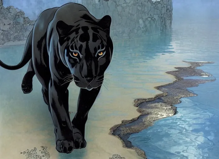 Prompt: animal concept of a black panther melanistic deep black leopard walking on Pamukkale, thermal waters flowing down gold travertine terraces, royal white and blue accents, accurately portrayed, portrait art by alphonse mucha and WLOP, highly detailed, digital painting, concept art, illustration, dim lighting with twilight rays of sunlight, trending on artstation, very detailed, smooth, sharp focus, octane render, close up