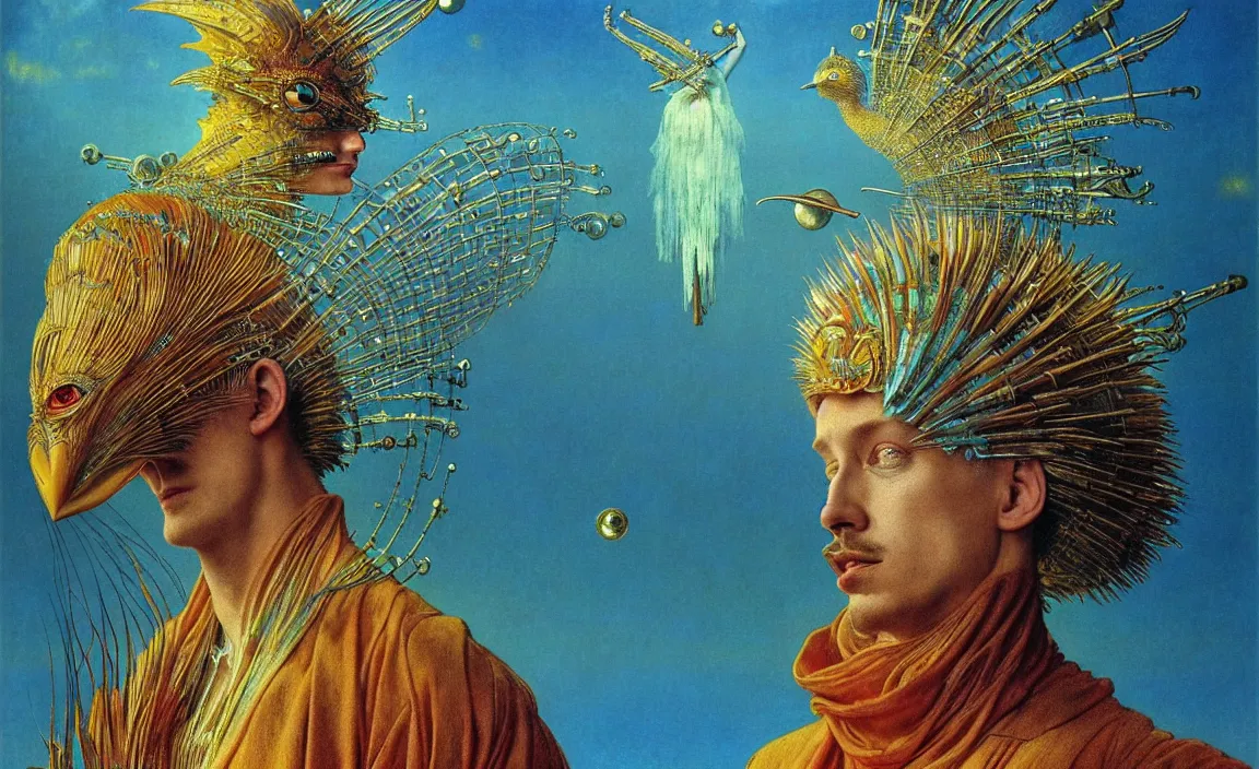 Image similar to realistic detailed portrait movie shot of a birdman wearing reflective transparent robes, sci fi city landscape background by denis villeneuve, amano, yves tanguy, alphonse mucha, ernst haeckel, max ernst, roger dean, masterpiece, rich moody colours, blue eyes