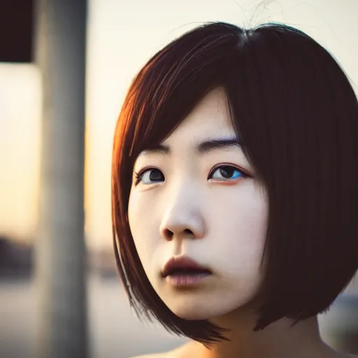 Prompt: beautiful gorgeous Japanese edgy model girl with short hair, she's sad, sunset, 80mm lens, 1.2 aperture, grainy image, close up, cinematic light, very detailed, depressing atmosphere, cover magazine
