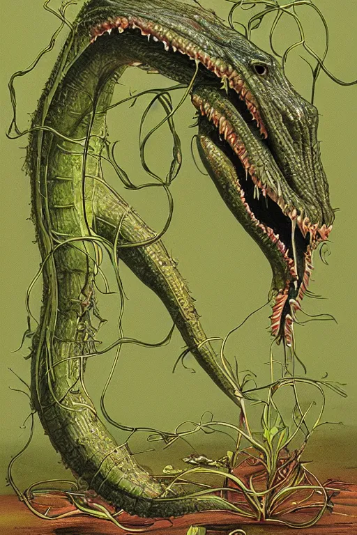 Image similar to a carnivorous plant with a long vine and the head of an alligator, vicious snapping alligator plant, side view of a plant showing roots stem and bud